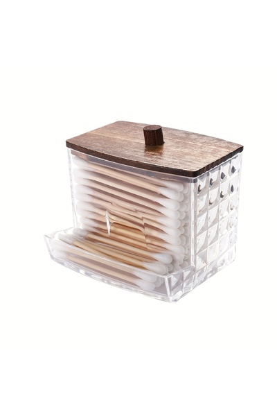 Choice1 Vintage Wooden Lid 8oz Cotton Swab Holder Dispenser Clear Diamond Pat...