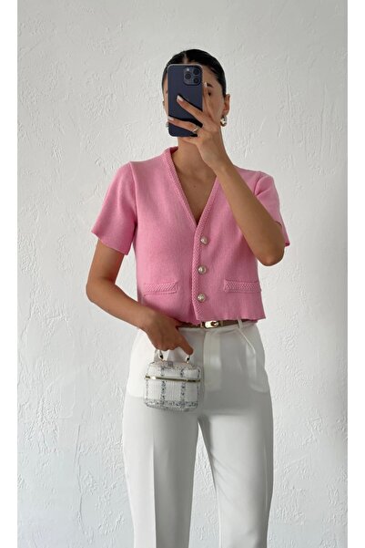 By Ezgi Kılıç Pink Knitwear Cardigan with Brass Buttons