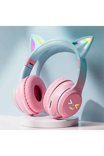 Choice3 سماعة رأس بتصميم آذان قطة وردية اللون، مزودة بإضاءة RGB ووجه مبتسم، س...