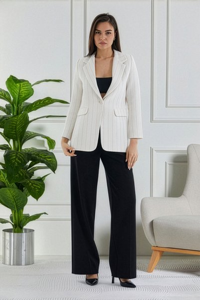 ceyniye Pink Striped Mono Collar Tweed Jacket