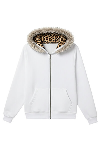 Fer Valiant Leopard Lining Fur Hood Detailed Oversized Cardigan Zipper Sweats...