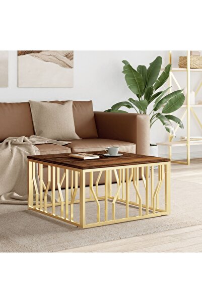 Concept Masă de cafea, auriu, oțel inoxidabil și lemn masiv reciclat