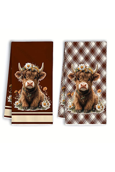 Choice 2pcs MULTI 2Pcs, Highland Cow Brown Plaid Kitchen Towels, 40Cm*60Cm To...