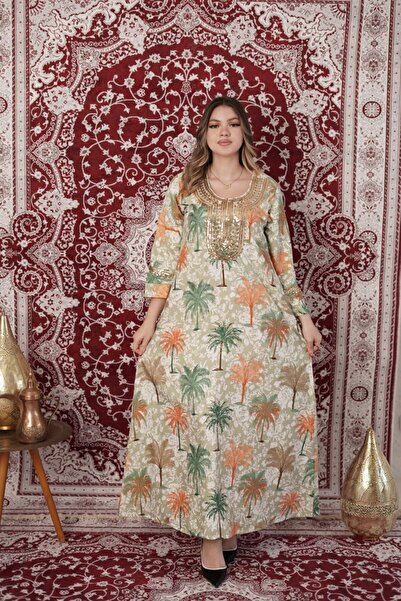 AFandina Palm Oasis Jalabiya – Luxurious Gold Embroidery SM-76