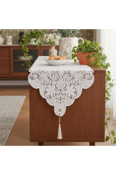 choice2 علم طاولة آخر أبيض من دانتيل الفرنسي الكلاسيكي مقاس 40 × 150 سم، مفرش...