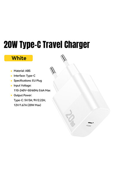 Choice4 شاحن ESSAGER بقوة 20 واط، أبيض اللون، مزود بقابس أوروبي، شاحن ESSAGER...