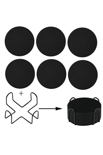 Choice مجموعة من 6 قواعد أكواب سيليكون سوداء مع حامل، مناسبة لجميع أنواع المش...