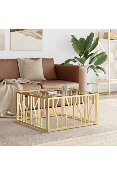 Concept Masă de cafea, aurie, 80x80x40 cm, oțel inoxidabil și sticlă