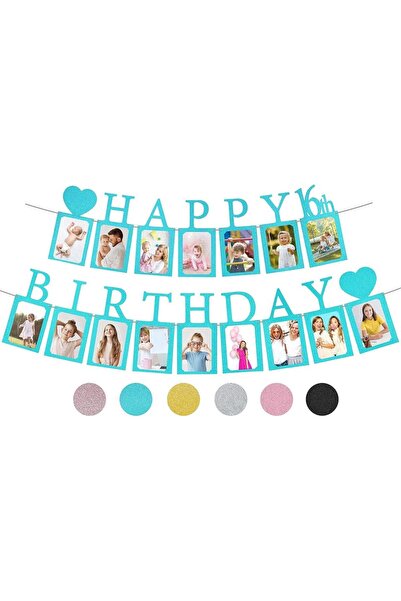 Choice لافتة صور زرقاء سماوية مزينة بشعار عيد الميلاد السادس عشر باللون الذهب...