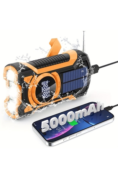 Choice راديو طوارئ برتقالي يعمل باليد والطاقة الشمسية بسعة 5000 مللي أمبير، م...