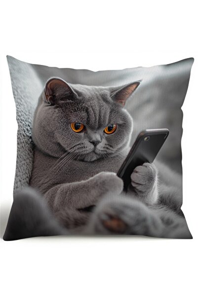 Choice1 غطاء وسادة من جانب واحد مقاس 45×45 سم، عليه صورة قطة رمادية فضية قصير...