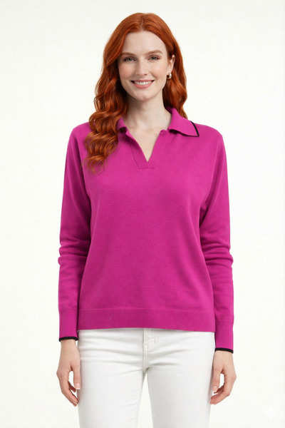 Neden Tekstil Polo Collar Stripe Detailed V-Neck Knitwear Sweater