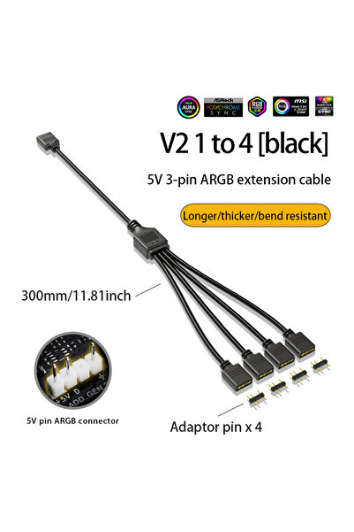Choice1 موزع إضاءة ARGB أسود من 1 إلى 4، موصل 5 فولت ثلاثي الأطراف، موزع مروح...