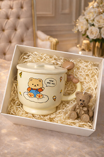 matheon 400 ml Kapaklı Kupa & %100 Soya Ayıcık Mum Seti | Sevimli Hediye Alte...