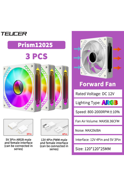 Choice3 A-RGB As Shown White Forward 3Pcs TEUCER Prism12025 PC Case Fan 120mm...