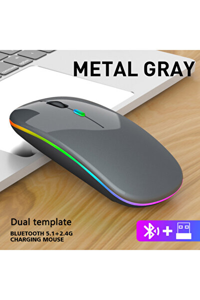 Choice1 ماوس لاسلكي رمادي قابل لإعادة الشحن، صامت، مزود بإضاءة خلفية LED، مست...