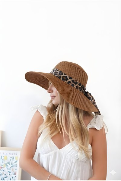 Zoe3 Style Women's Lorel Brown Leopard Detailed Straw Hat