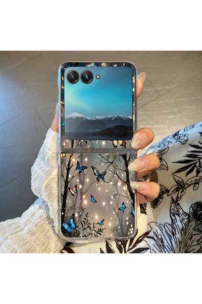 Choice7 غلاف هاتف موتورولا رازر 50 ألترا A972 شفاف أزرق بنقشة فراشة ، منقوش م...