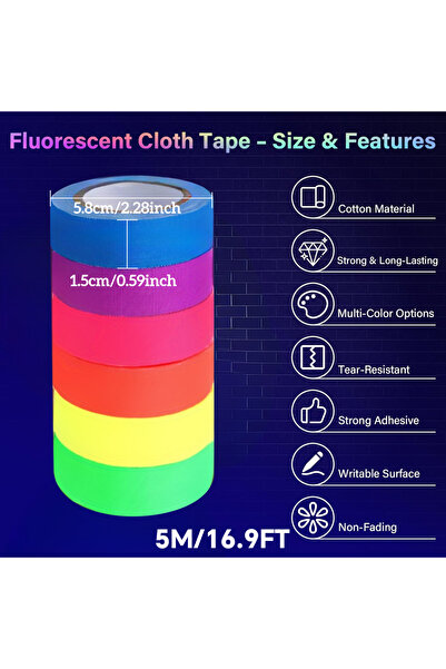 Choice شريط قطن متوهج بالأشعة فوق البنفسجية بستة ألوان، مقاس 15 مم × 5 م × 6 ...