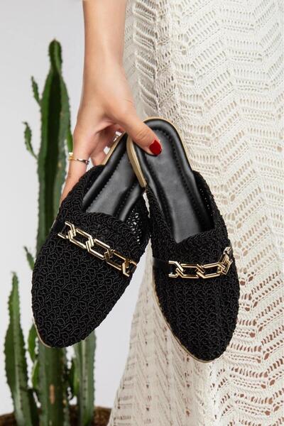 modayaselam Wicker Embroidered Chain Buckle Slippers