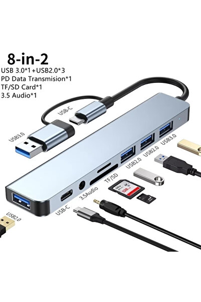 Choice محول USB 3.0 نوع C ثماني المنافذ مع قارئ بطاقات TF وSD ومخرج صوت متعدد...