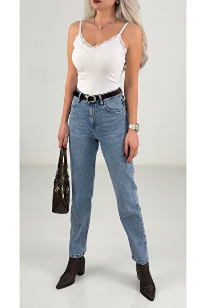 KAROL Mavi Kemerli Mom Fit Jean