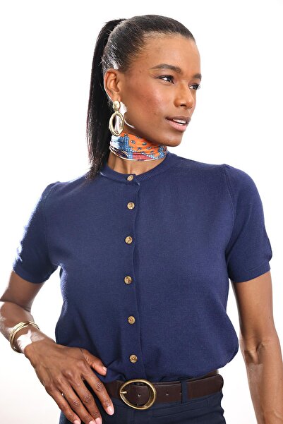 5in1Canpolat Navy Blue Short Sleeve Knitwear Cardigan