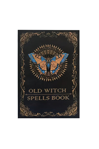 Choice كتاب سحري أسود قديم بغلاف مزخرف بفراشة ذهبية ورموز غامضة - تعاويذ ساحر...