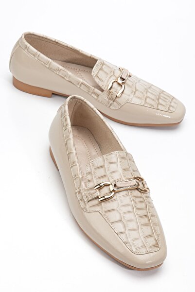 Delroshine RİSSA Kadın Bej Crocodile Parlak Cilt Tokalı Babet