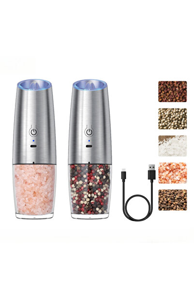 Choice طقم فضي، مطحنة ملح وفلفل كهربائية قابلة لإعادة الشحن عبر منفذ USB، درج...