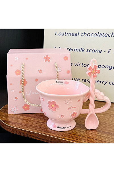 Choice3 1 set-C 380ml Sakura Relief Ceramic Mug with Spoon Pink Cute High Foo...
