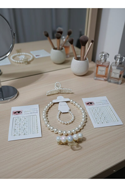 MY VİNTAGE 1 Women's Pearl Necklace, 1 Bracelet, 2 Hair and Face Ornaments