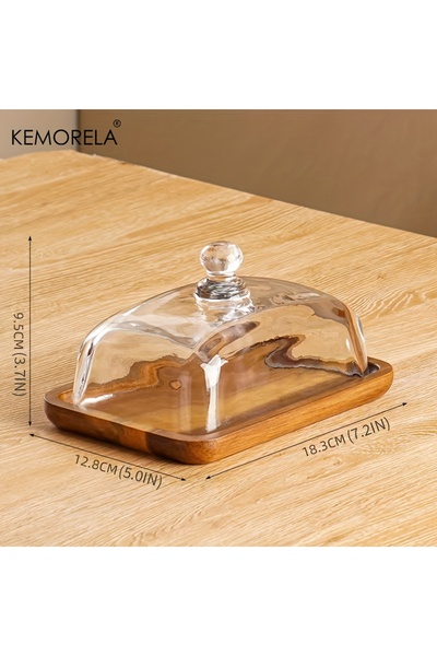 Choice1 طبق زبدة عتيق من خشب الأكاسيا مع غطاء زجاجي - طبق عشاء مستطيل أنيق بغ...