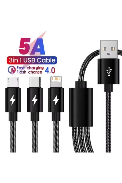 choice2 كابل شحن سريع USB أسود بطول 1.5 متر، 3 في 1، متوافق مع أجهزة iPhone 1...