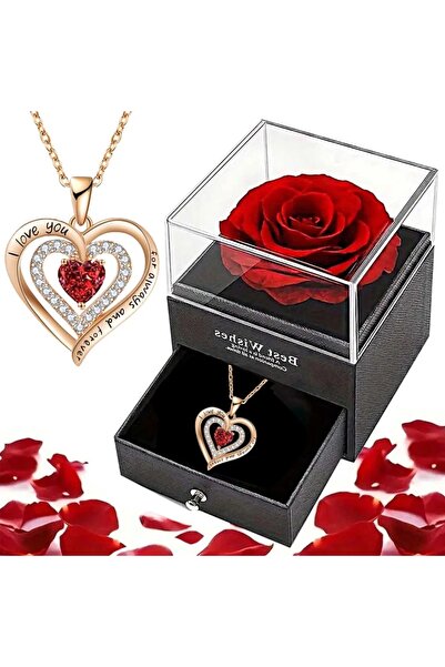 Choice1 طقم قلادات فاخرة من الزركون الأحمر مع علبة هدايا على شكل وردة، مقاس X...