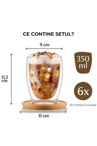 MIAMIO Set de 6 pahare pentru cappuccino cu perete pentru două persoane , sticlă borosilicată, fără mâner, cu suport din bambus , 350 ml