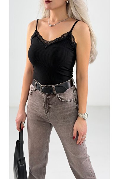 KAROL Siyah Dantel Detay Askılı Atlet Bluz
