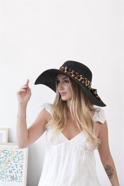 Zoe3 Style Women's Lorel Black Leopard Detailed Straw Hat