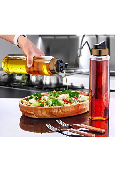 MİHMAN HOME Bronze Drip-Free Tiktak Glass Oil Bottle with Lid 700 ml Pack of 2