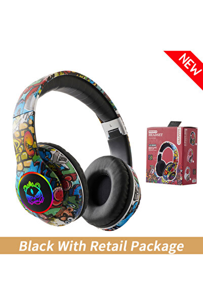 choice2 سماعات رأس لاسلكية جديدة (أسود) مع علبة، بتصميم جرافيتي وإضاءة LED، م...
