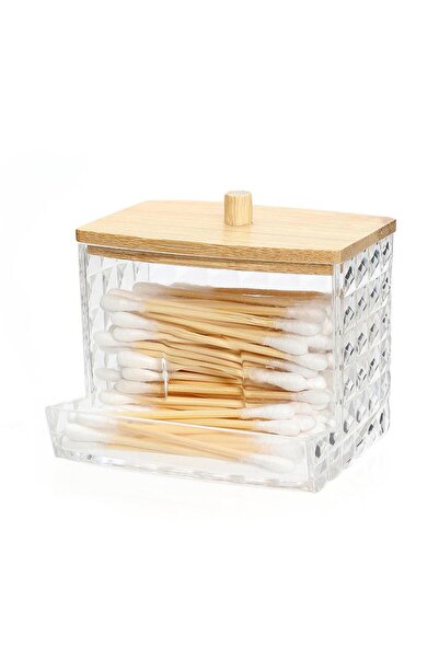 Choice3 حامل أعواد قطن من أكريليك بغطاء من بامبو - موزع أعواد قطن شفاف، حاوية...