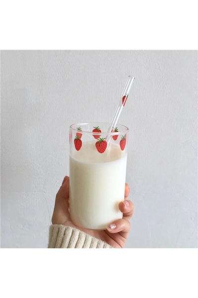 Choice كوب زجاجي شفاف مبتكر سعة 300 مل مع مصاصة، قطعة واحدة، بتصميم فراولة لطيف.