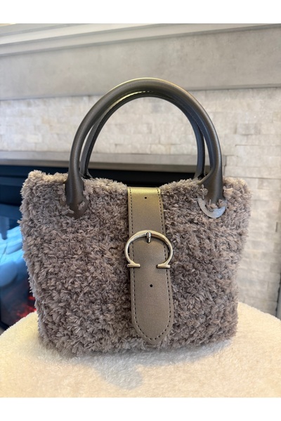 sinmm Women's Teddy Plush Handmade Shoulder Bag with Leather Detail in Gray C...