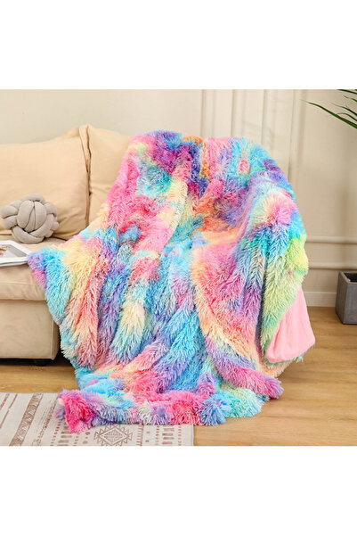 Choice1 130x160cm rainbow Luxury Faux Fur Throw Blanket, Rainbow High Pile Mi...