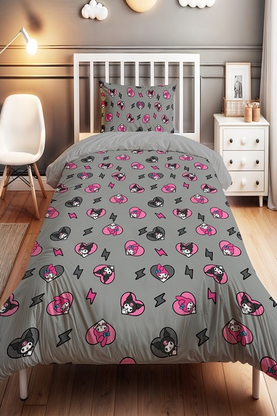 EVPANYA Gray Background Kuromi Patterned Single Baby Kids Duvet Cover Set