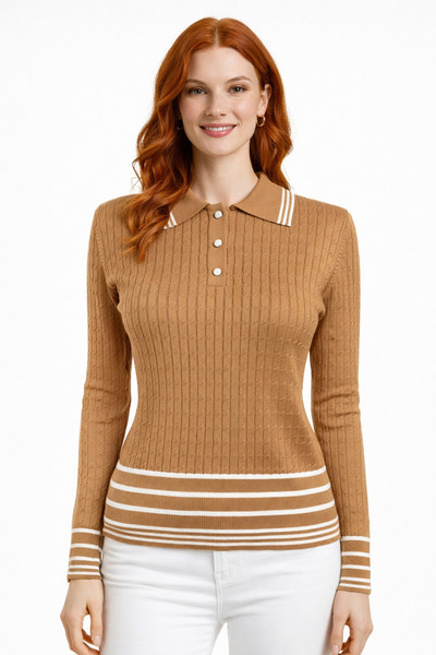 Neden Tekstil Polo Collar Hair Knit Patterned Striped Knitwear Sweater