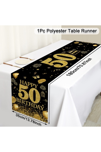 choice2 35*180cm 50th Black Gold Happy Birthday Table Runner 30th 40th 50th B...