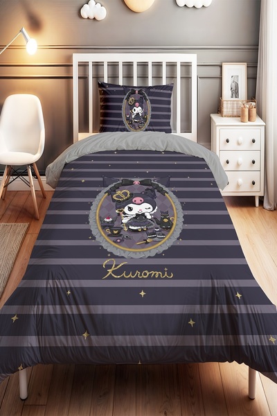 EVPANYA Black Kuromi Patterned Single Baby Kids Duvet Cover Set