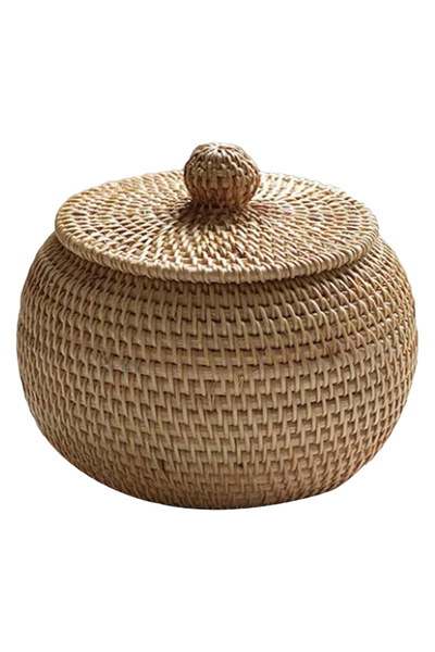 Choice 1C Wicker Storage Basket With Lid Round Fruit Basket Natural Rattan Li...