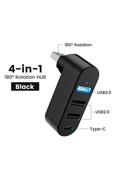 Choice Black 180° Rotatable 4 Port USB 3.0 2.0 Hub Type C High Speed Data Tra...